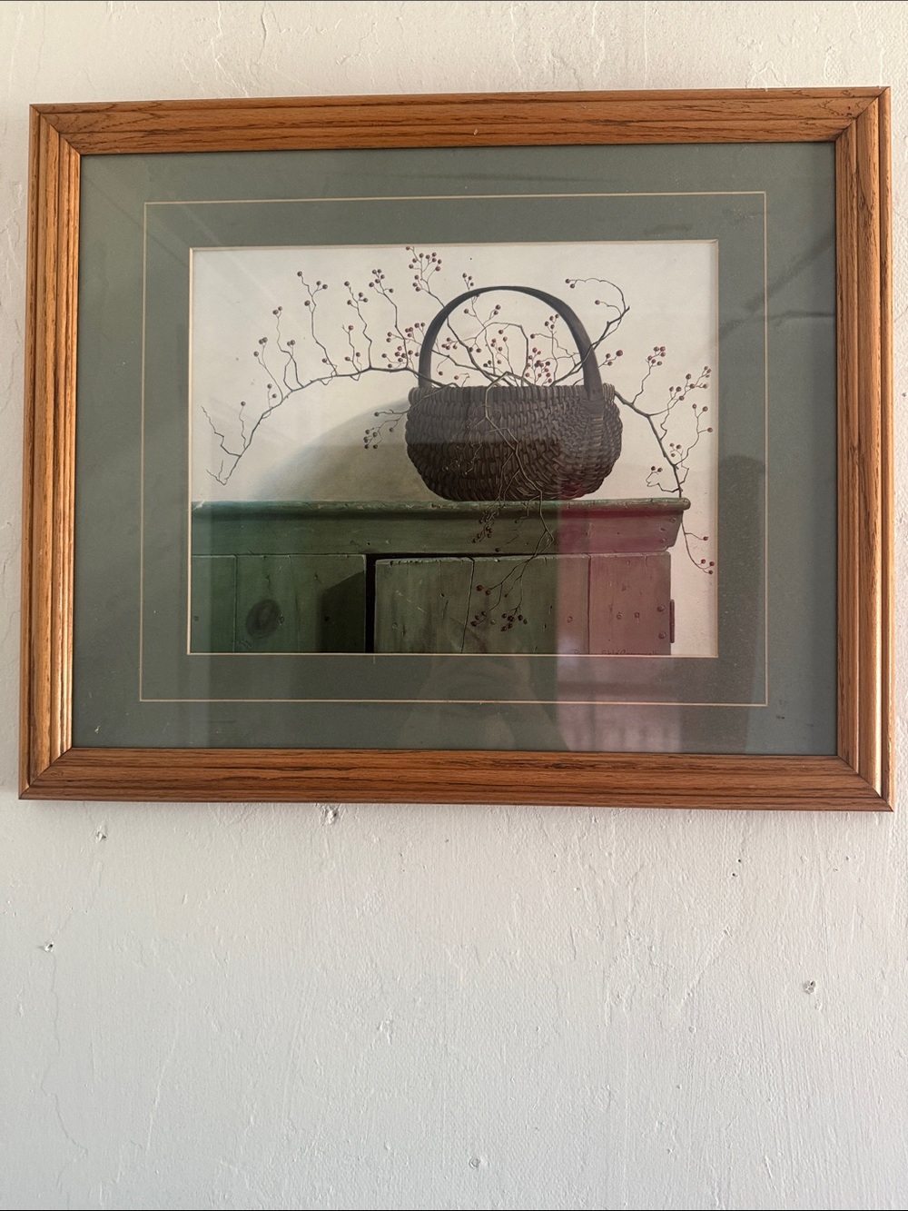 Framed Basket Still Life Wall Art - Green Mat